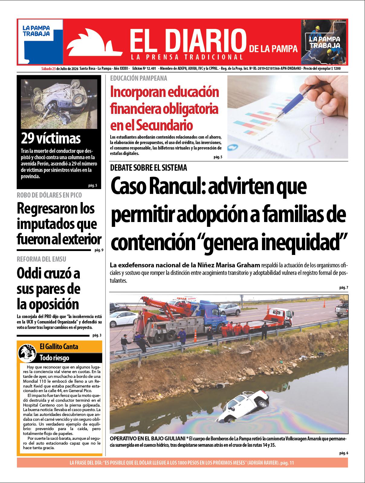 Tapa de El Diario en papel  saacutebado 25 de julio de 2026